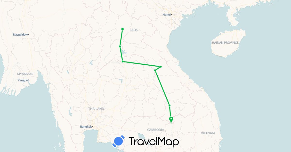 TravelMap itinerary: bus, boat in Laos (Asia)